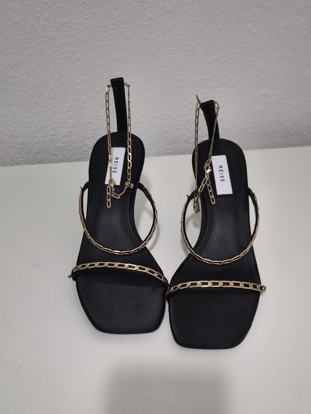 Reiss Black Slingback Heels with Gold Chain Trim